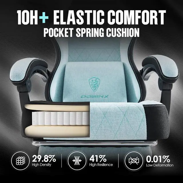 Alt view image 4 of 7 - Dowinx Gaming Chair Fabric with Pocket Spring Cushion, High Back Ergonomic Computer Chair with Footrest for Adults, Massage Lumbar Support Swivel Game Chair for Office Gaming 300LBS, Aqua