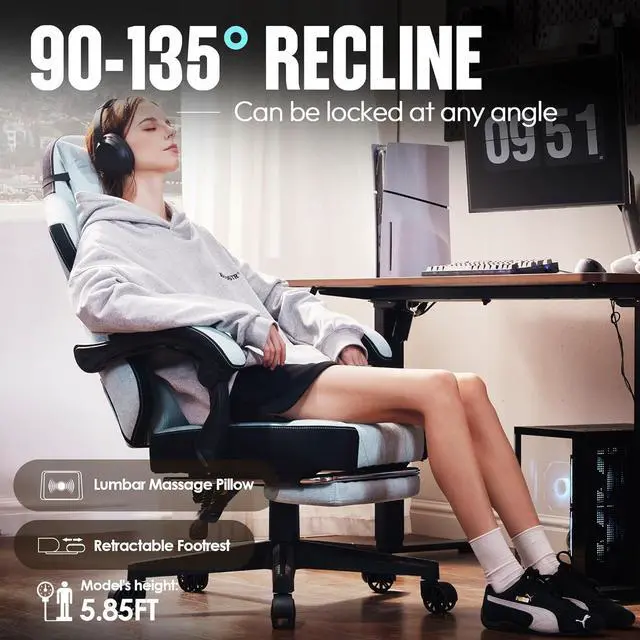 Alt view image 5 of 7 - Dowinx Gaming Chair Fabric with Pocket Spring Cushion, High Back Ergonomic Computer Chair with Footrest for Adults, Massage Lumbar Support Swivel Game Chair for Office Gaming 300LBS, Aqua