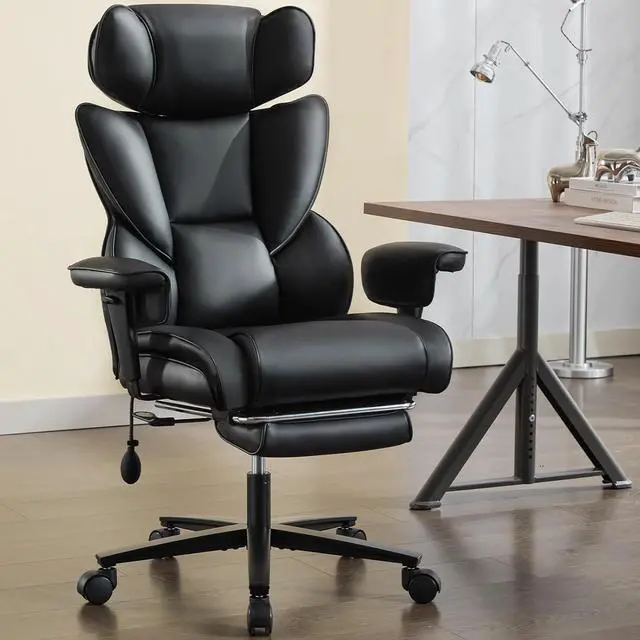 Alt view image 2 of 7 - Executive Office Chair with Foot Rest and Waist Lumber Support, Ergonomic Big and Tall Office Chair with Adjustable Height Headrest, High-Back Leather Reclining Chair for Home, Black