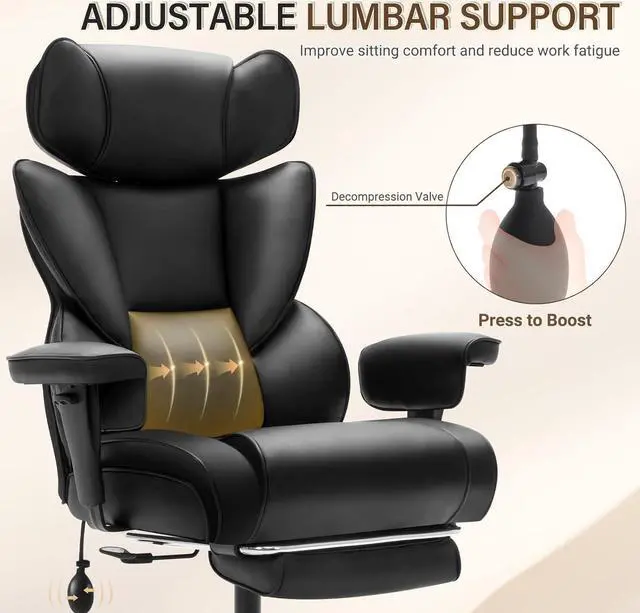 Alt view image 3 of 7 - Executive Office Chair with Foot Rest and Waist Lumber Support, Ergonomic Big and Tall Office Chair with Adjustable Height Headrest, High-Back Leather Reclining Chair for Home, Black