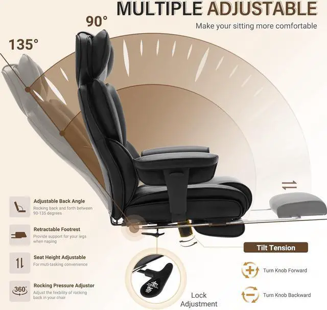 Alt view image 4 of 7 - Executive Office Chair with Foot Rest and Waist Lumber Support, Ergonomic Big and Tall Office Chair with Adjustable Height Headrest, High-Back Leather Reclining Chair for Home, Black