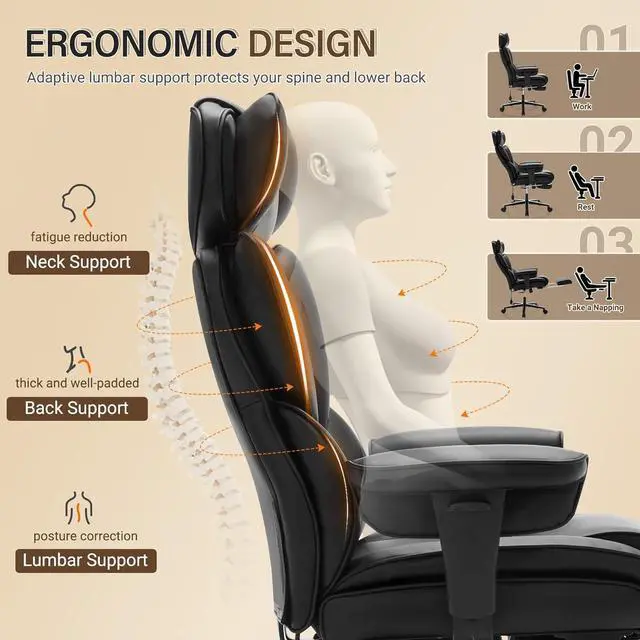 Alt view image 5 of 7 - Executive Office Chair with Foot Rest and Waist Lumber Support, Ergonomic Big and Tall Office Chair with Adjustable Height Headrest, High-Back Leather Reclining Chair for Home, Black