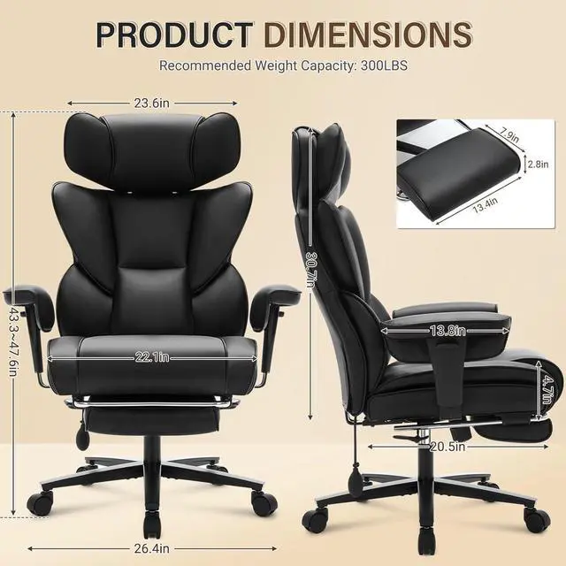 Alt view image 7 of 7 - Executive Office Chair with Foot Rest and Waist Lumber Support, Ergonomic Big and Tall Office Chair with Adjustable Height Headrest, High-Back Leather Reclining Chair for Home, Black
