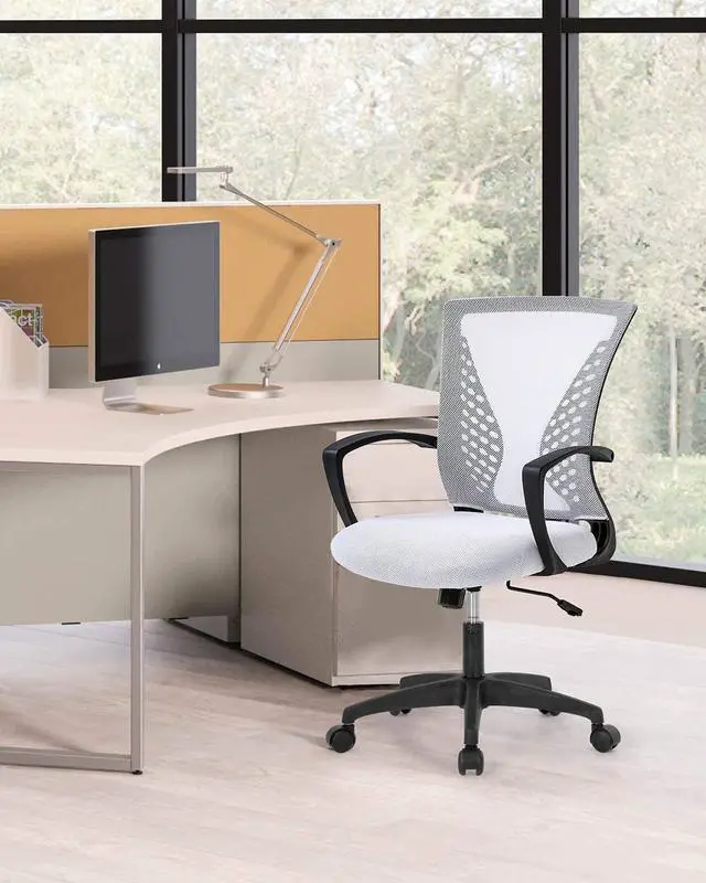 Alt view image 2 of 7 - Office Chair Clearance Mid Back Mesh Chair with Ergonomic Lumbar Support and Armrest Adjustable Computer Chair Study Desk Chair Swivel Rolling Task Chair Modern Cheap Executive Chair (White)