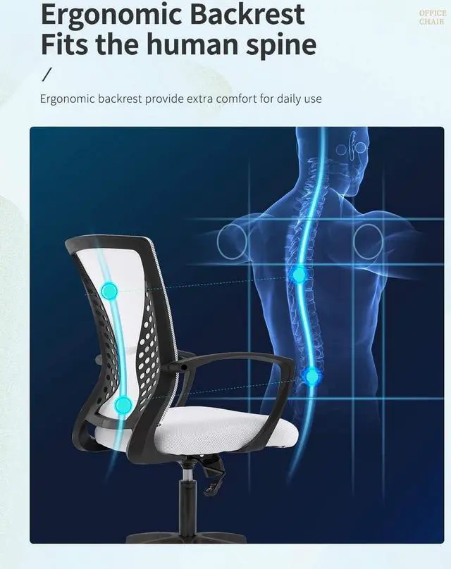 Alt view image 7 of 7 - Office Chair Clearance Mid Back Mesh Chair with Ergonomic Lumbar Support and Armrest Adjustable Computer Chair Study Desk Chair Swivel Rolling Task Chair Modern Cheap Executive Chair (White)