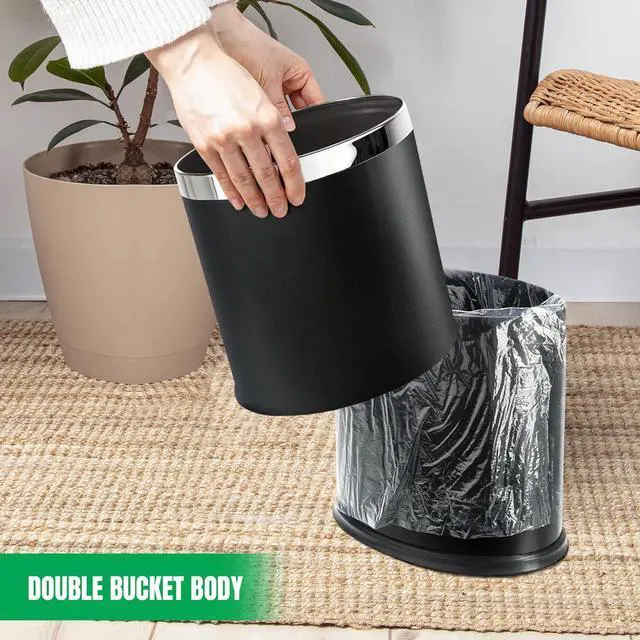 Alt view image 2 of 7 - 'Invisi-Overlap' Metal Trash Can, Open Top Small Office Wastebasket, Oval Shape (Black)