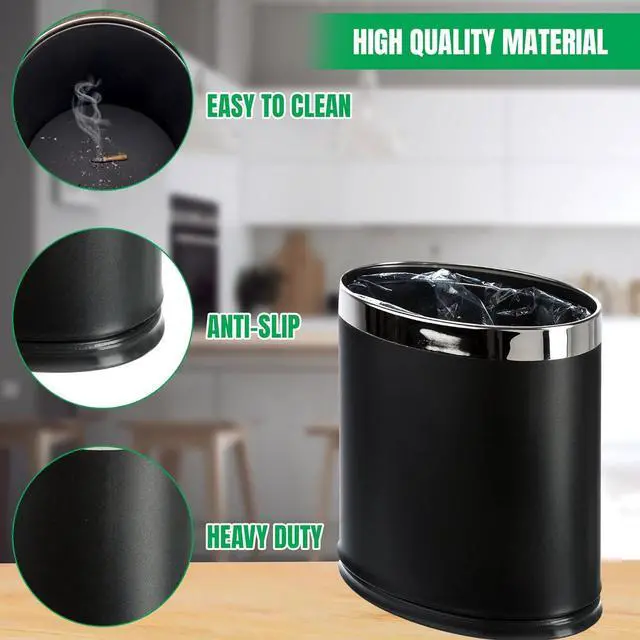 Alt view image 5 of 7 - 'Invisi-Overlap' Metal Trash Can, Open Top Small Office Wastebasket, Oval Shape (Black)