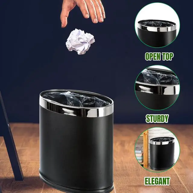 Alt view image 4 of 7 - 'Invisi-Overlap' Metal Trash Can, Open Top Small Office Wastebasket, Oval Shape (Black)