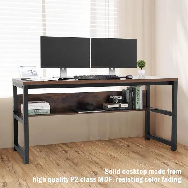 Alt view image 3 of 7 - TOPSKY Computer Desk with Bookshelf/Metal Hole Cable Cover 1.18" Thick Desk (Rustic Brown, 63")