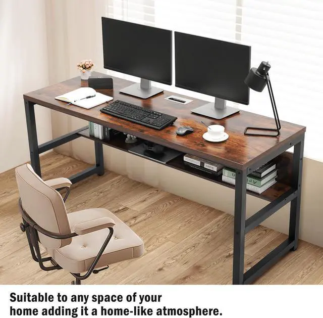 Alt view image 5 of 7 - TOPSKY Computer Desk with Bookshelf/Metal Hole Cable Cover 1.18" Thick Desk (Rustic Brown, 63")