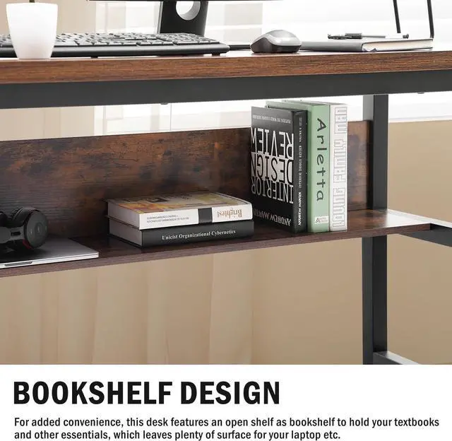 Alt view image 6 of 7 - TOPSKY Computer Desk with Bookshelf/Metal Hole Cable Cover 1.18" Thick Desk (Rustic Brown, 63")