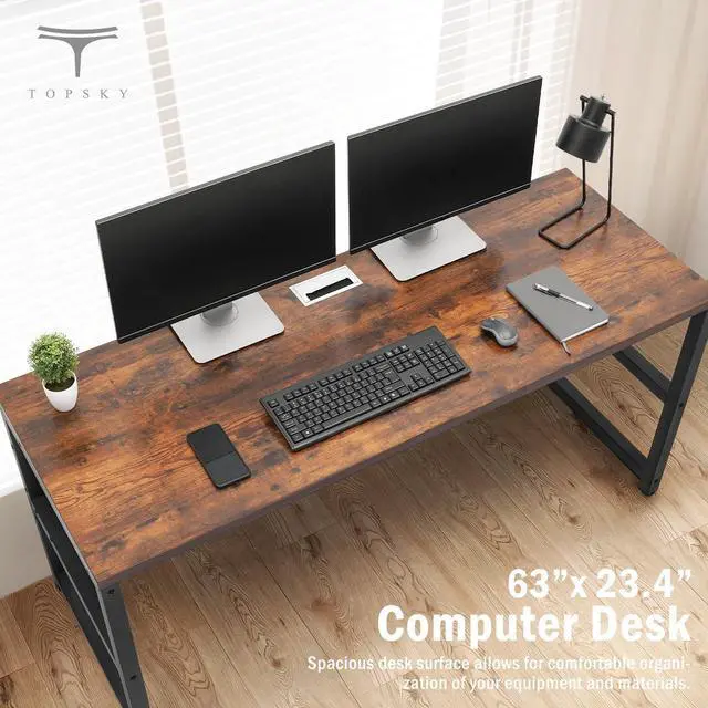 Alt view image 4 of 7 - TOPSKY Computer Desk with Bookshelf/Metal Hole Cable Cover 1.18" Thick Desk (Rustic Brown, 63")