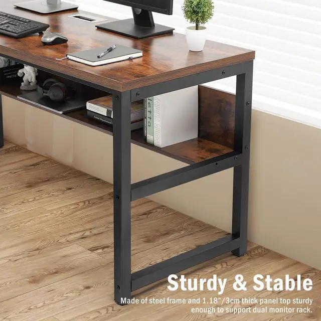 Alt view image 7 of 7 - TOPSKY Computer Desk with Bookshelf/Metal Hole Cable Cover 1.18" Thick Desk (Rustic Brown, 63")