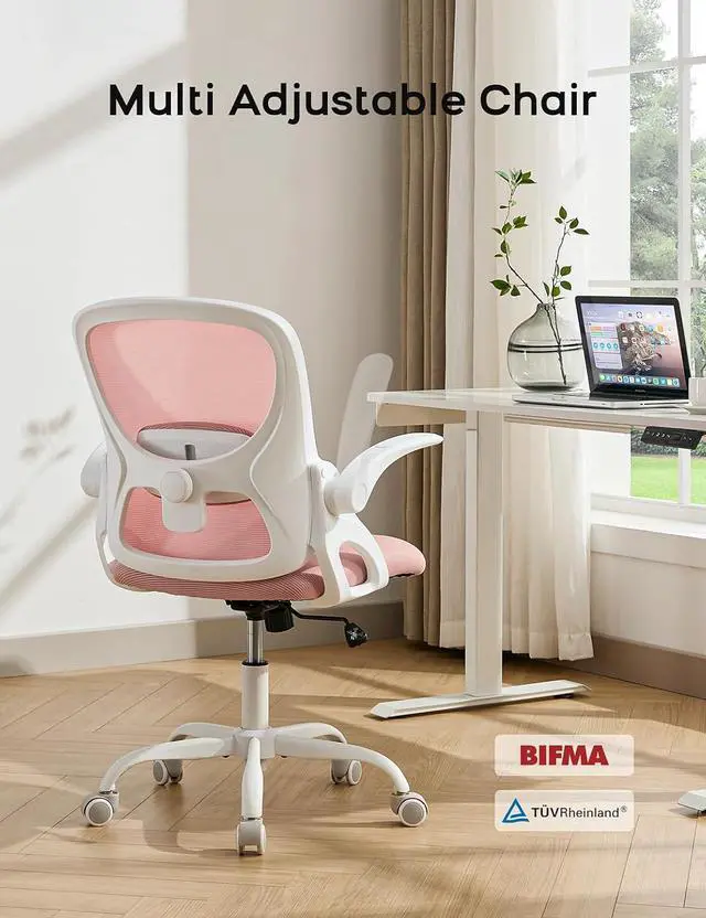 Alt view image 2 of 6 - Mesh Office Chair Ergonomic Desk Chair with Up&Down Front&Rear 2 Dimensions Adjustable Lumbar Support and Flip-up Arm Rocking Comfy Swivel Computer Task Chair for Home Office(White-Pink)
