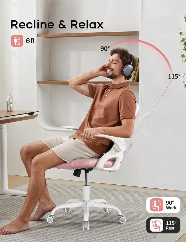Alt view image 5 of 6 - Mesh Office Chair Ergonomic Desk Chair with Up&Down Front&Rear 2 Dimensions Adjustable Lumbar Support and Flip-up Arm Rocking Comfy Swivel Computer Task Chair for Home Office(White-Pink)