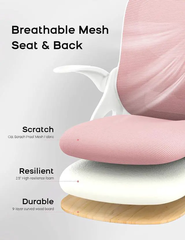Alt view image 6 of 6 - Mesh Office Chair Ergonomic Desk Chair with Up&Down Front&Rear 2 Dimensions Adjustable Lumbar Support and Flip-up Arm Rocking Comfy Swivel Computer Task Chair for Home Office(White-Pink)