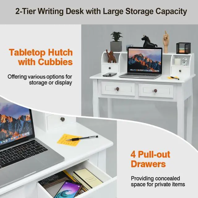 Alt view image 5 of 7 - DMAITH Small White Writing Desk with Hutch  32" Home Office Desk with Drawers | Compact Computer Desk, Vanity Makeup Table for Bedroom or Study Room