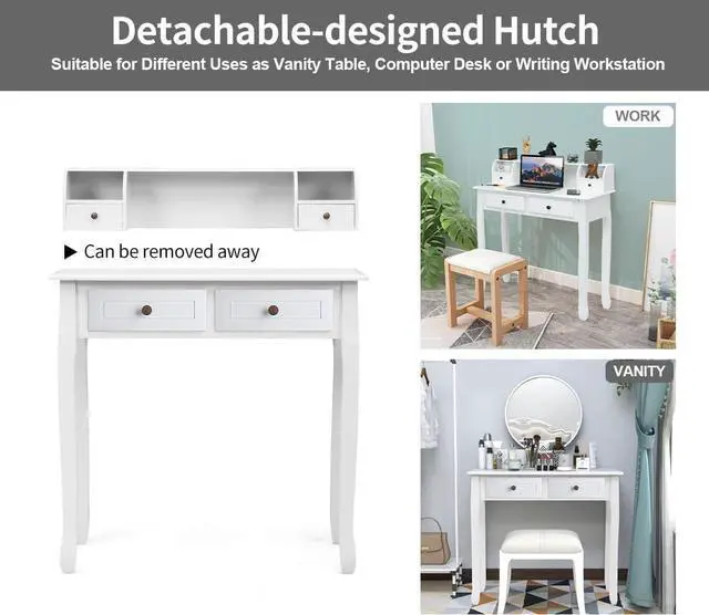Alt view image 2 of 7 - DMAITH Small White Writing Desk with Hutch  32" Home Office Desk with Drawers | Compact Computer Desk, Vanity Makeup Table for Bedroom or Study Room