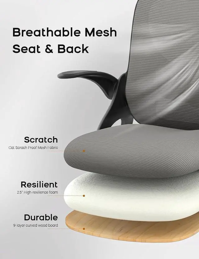 Alt view image 6 of 6 - Mesh Office Chair Ergonomic Desk Chair with Up&Down Front&Rear 2 Dimensions Adjustable Lumbar Support and Flip-up Arm Rocking Comfy Swivel Computer Task Chair for Home Office(Black-Gray)