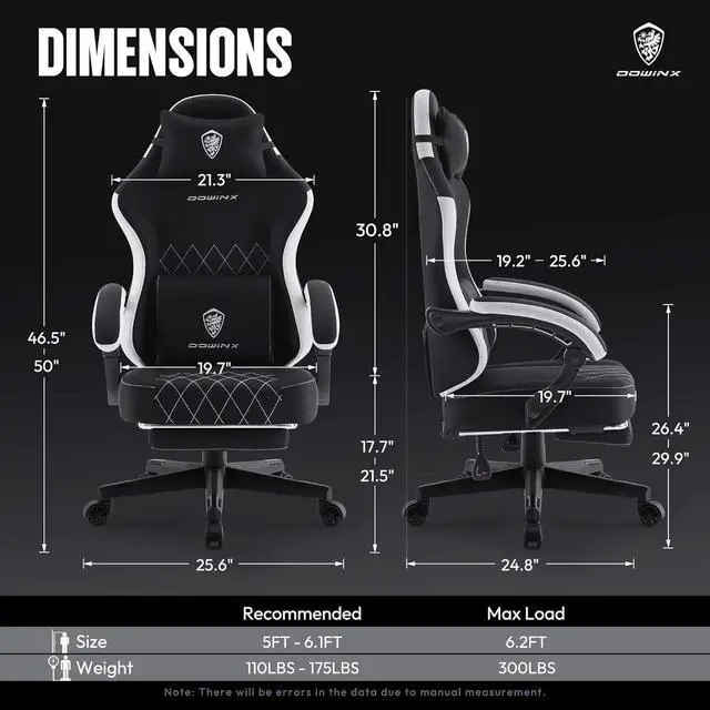 Alt view image 2 of 7 - Dowinx Fabric Gaming Chair, Ergonomic Computer Chair with Footrest and Pocket Spring Cushion, Height Adjustable Video Gamer Chair with Lumbar Support for Adults, Black