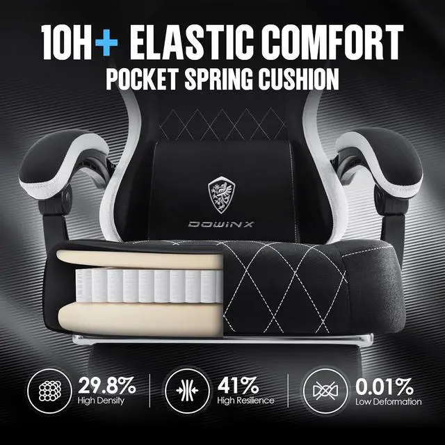 Alt view image 4 of 7 - Dowinx Fabric Gaming Chair, Ergonomic Computer Chair with Footrest and Pocket Spring Cushion, Height Adjustable Video Gamer Chair with Lumbar Support for Adults, Black