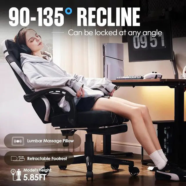 Alt view image 5 of 7 - Dowinx Fabric Gaming Chair, Ergonomic Computer Chair with Footrest and Pocket Spring Cushion, Height Adjustable Video Gamer Chair with Lumbar Support for Adults, Black
