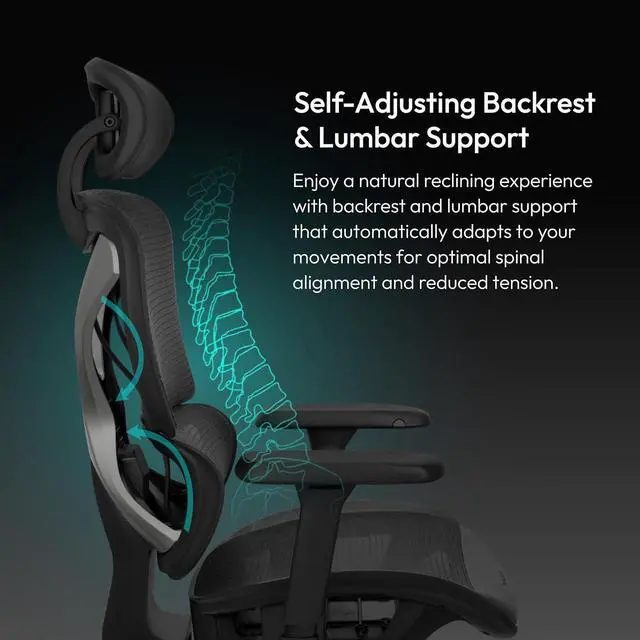 Alt view image 3 of 6 - XTC Ergonomic Office Chair, for Adults Gaming Chair, High Back Desk Chair, Synchronous Tilt, Self-Adjusting Lumbar Support and Backrest, Adjustable Headrest, Breathable Mesh, Black