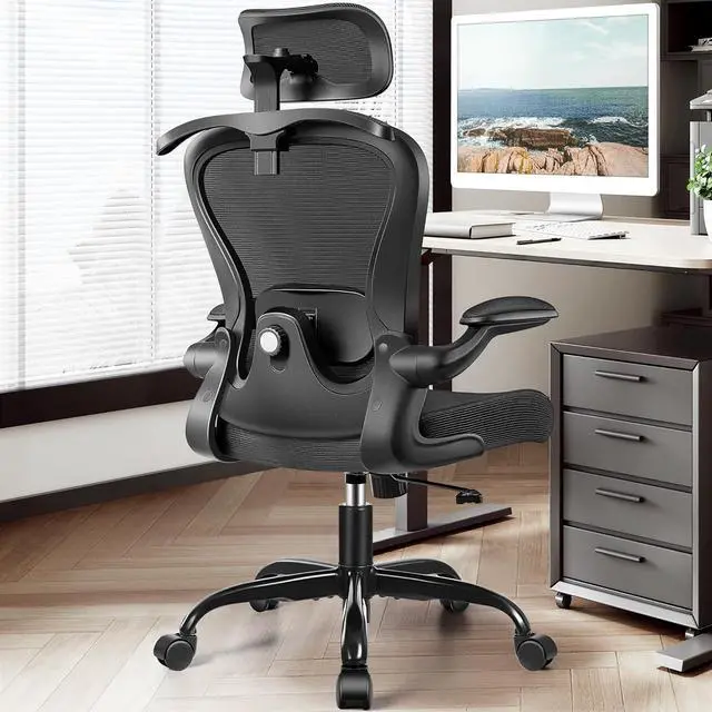 Main image of Office Chair, Ergonomic Office Chair with 3D Lumbar Support 3D Headrest, Comfy High Back Home Office Desk Chairs, Breathable Mesh Computer Chair with Flip-Up Armrests & Hanger(Black)