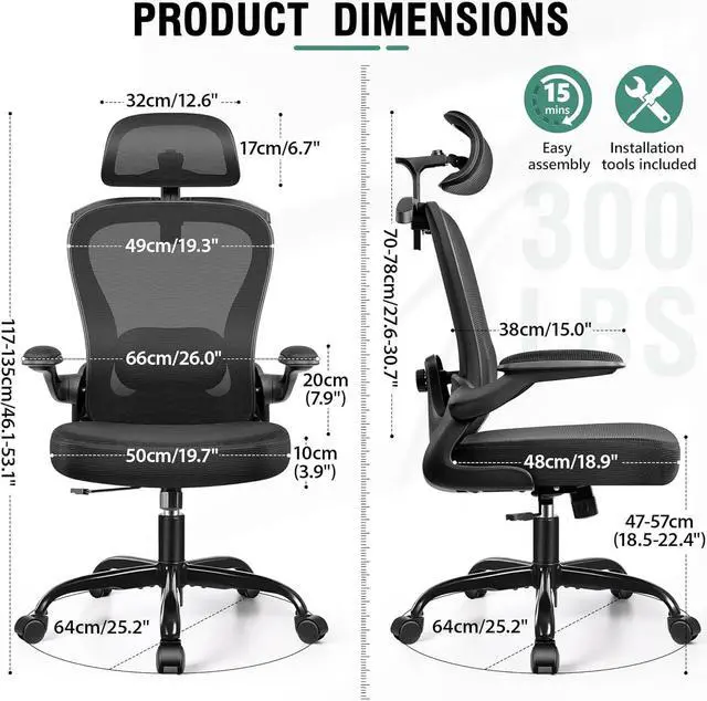 Alt view image 2 of 7 - Office Chair, Ergonomic Office Chair with 3D Lumbar Support 3D Headrest, Comfy High Back Home Office Desk Chairs, Breathable Mesh Computer Chair with Flip-Up Armrests & Hanger(Black)