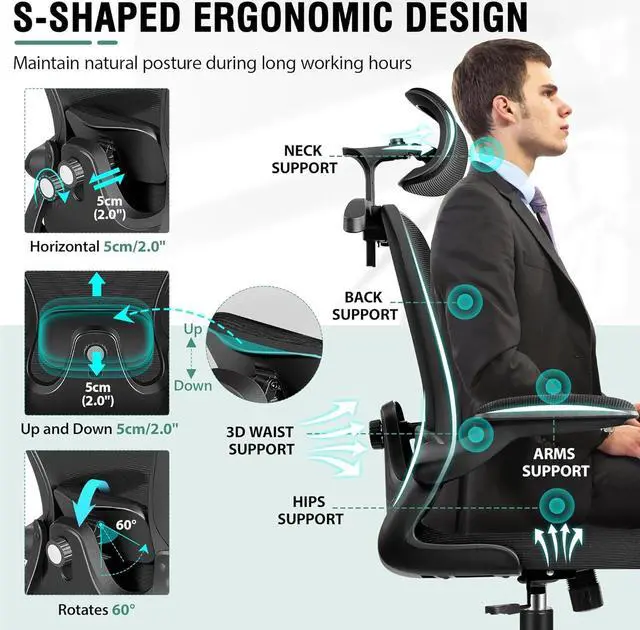 Alt view image 3 of 7 - Office Chair, Ergonomic Office Chair with 3D Lumbar Support 3D Headrest, Comfy High Back Home Office Desk Chairs, Breathable Mesh Computer Chair with Flip-Up Armrests & Hanger(Black)