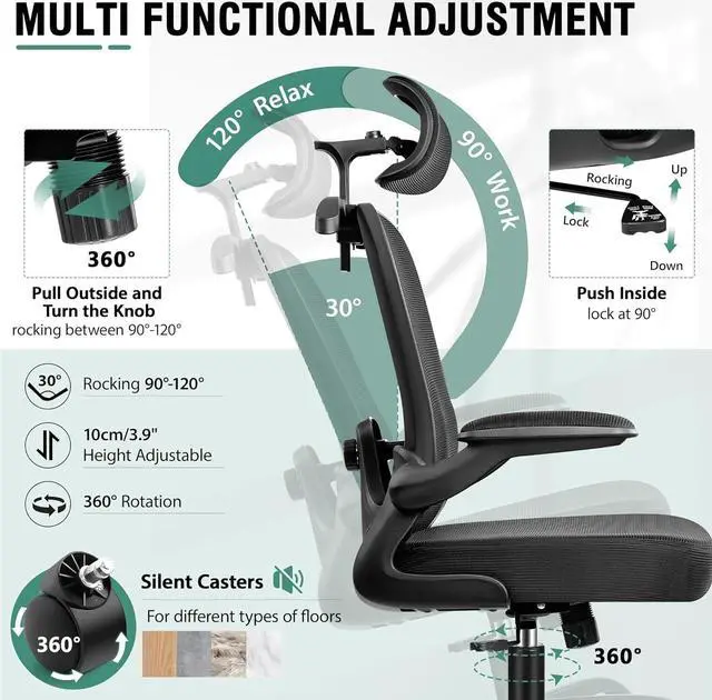 Alt view image 4 of 7 - Office Chair, Ergonomic Office Chair with 3D Lumbar Support 3D Headrest, Comfy High Back Home Office Desk Chairs, Breathable Mesh Computer Chair with Flip-Up Armrests & Hanger(Black)