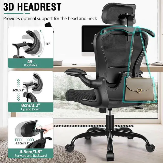 Alt view image 6 of 7 - Office Chair, Ergonomic Office Chair with 3D Lumbar Support 3D Headrest, Comfy High Back Home Office Desk Chairs, Breathable Mesh Computer Chair with Flip-Up Armrests & Hanger(Black)