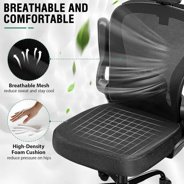 Alt view image 5 of 7 - Office Chair, Ergonomic Office Chair with 3D Lumbar Support 3D Headrest, Comfy High Back Home Office Desk Chairs, Breathable Mesh Computer Chair with Flip-Up Armrests & Hanger(Black)