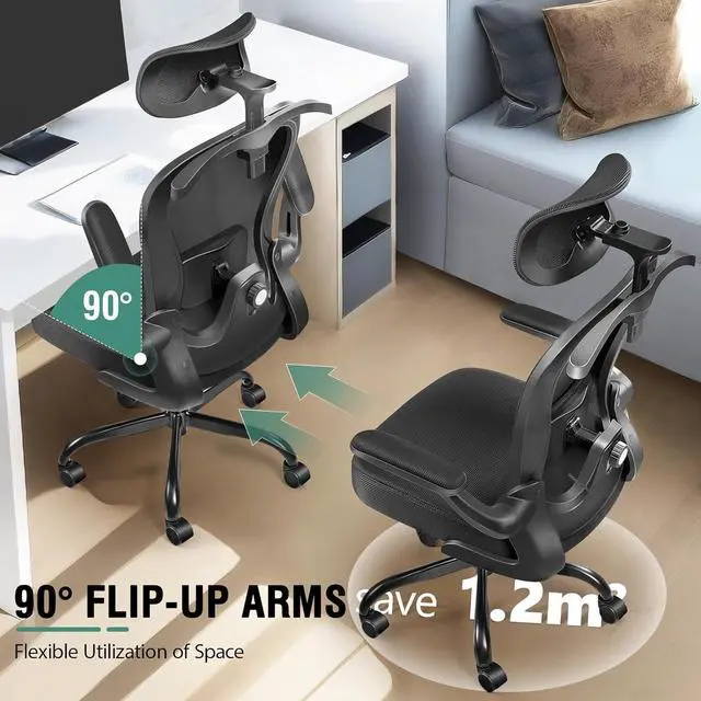 Alt view image 7 of 7 - Office Chair, Ergonomic Office Chair with 3D Lumbar Support 3D Headrest, Comfy High Back Home Office Desk Chairs, Breathable Mesh Computer Chair with Flip-Up Armrests & Hanger(Black)
