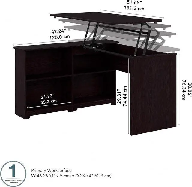 Alt view image 3 of 6 - Bush Furniture Cabot 52W 3 Position Sit to Stand Corner Desk with Shelves in Espresso Oak