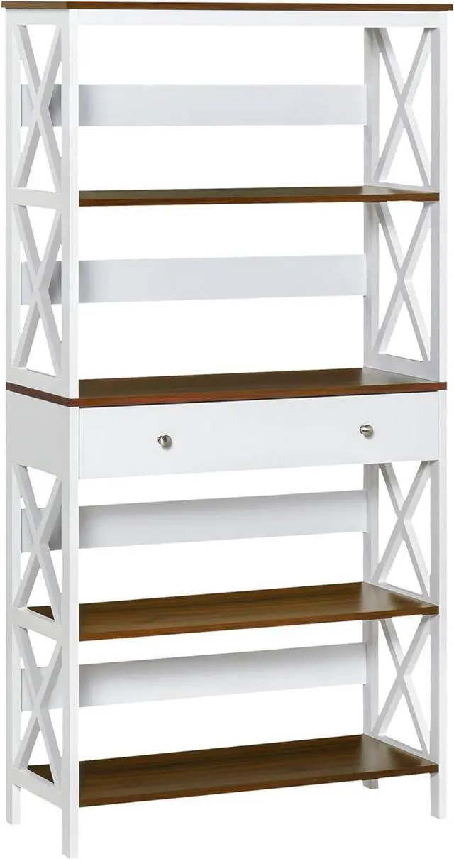 Main image of HOMCOM 4-Tier Shelving Bookcase Storage Cupboard with Pull Out Drawer, and Wooden Frame with X Bar Stability, White