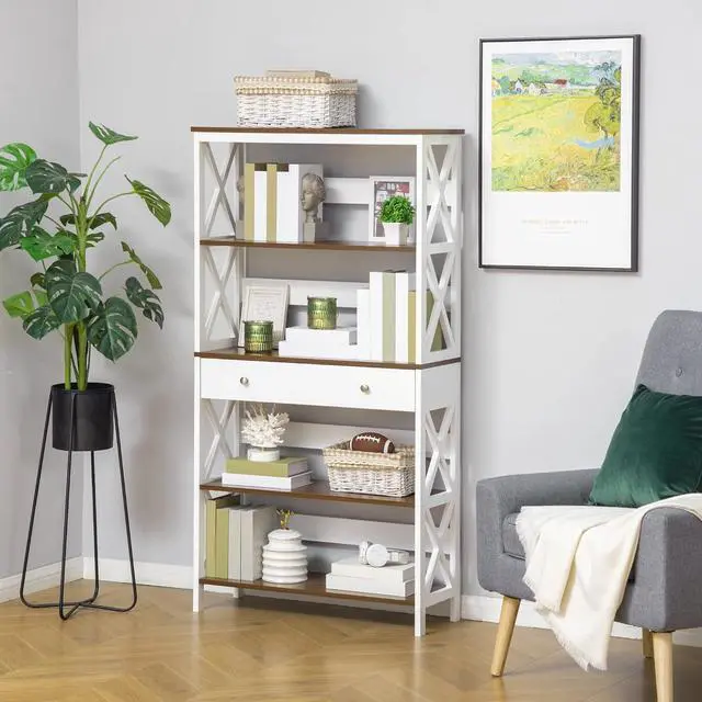 Alt view image 2 of 7 - HOMCOM 4-Tier Shelving Bookcase Storage Cupboard with Pull Out Drawer, and Wooden Frame with X Bar Stability, White
