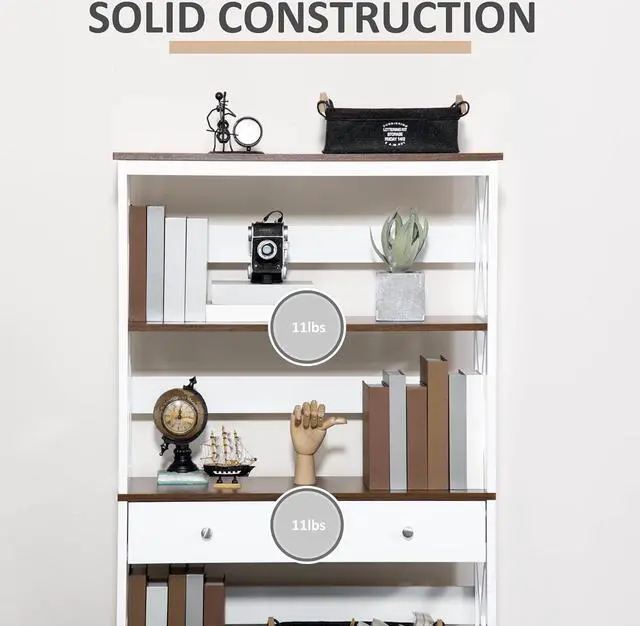 Alt view image 6 of 7 - HOMCOM 4-Tier Shelving Bookcase Storage Cupboard with Pull Out Drawer, and Wooden Frame with X Bar Stability, White