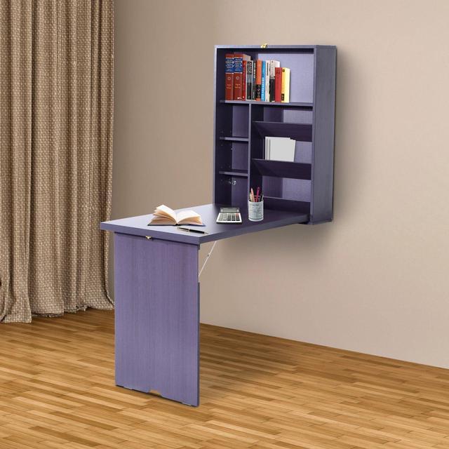 Alt view image 2 of 7 - HOMCOM Wall Mounted Fold Out Convertible Desk, Multi-Function Floating Desk with Storage Shelf for Home Office, Espresso Brown