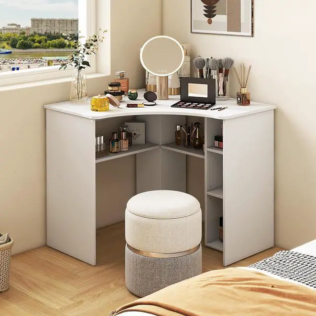 Alt view image 4 of 7 - Tangkula White Corner Desk with Storage Shelves, Space-Saving Triangle Study Writing Desk with Adjustable Shelves, Corner Makeup Vanity Desk for Bedroom, Corner Desk for Small Space