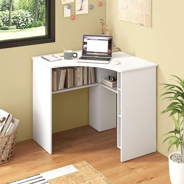 Alt view image 2 of 7 - Tangkula White Corner Desk with Storage Shelves, Space-Saving Triangle Study Writing Desk with Adjustable Shelves, Corner Makeup Vanity Desk for Bedroom, Corner Desk for Small Space