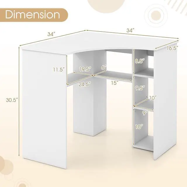 Alt view image 3 of 7 - Tangkula White Corner Desk with Storage Shelves, Space-Saving Triangle Study Writing Desk with Adjustable Shelves, Corner Makeup Vanity Desk for Bedroom, Corner Desk for Small Space