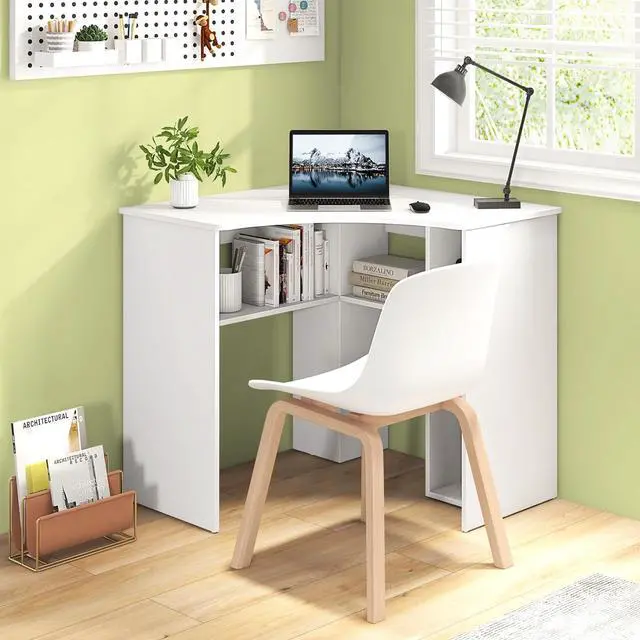 Alt view image 5 of 7 - Tangkula White Corner Desk with Storage Shelves, Space-Saving Triangle Study Writing Desk with Adjustable Shelves, Corner Makeup Vanity Desk for Bedroom, Corner Desk for Small Space