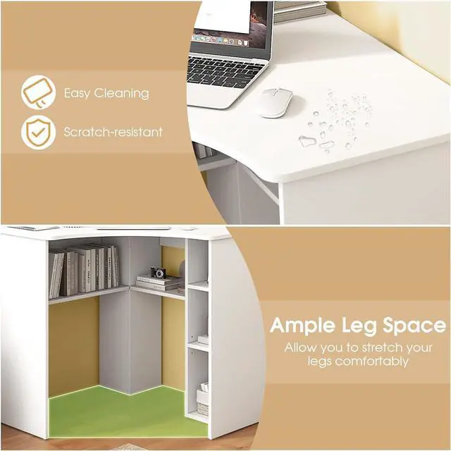 Alt view image 6 of 7 - Tangkula White Corner Desk with Storage Shelves, Space-Saving Triangle Study Writing Desk with Adjustable Shelves, Corner Makeup Vanity Desk for Bedroom, Corner Desk for Small Space