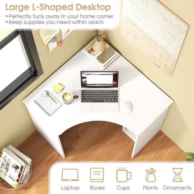 Alt view image 7 of 7 - Tangkula White Corner Desk with Storage Shelves, Space-Saving Triangle Study Writing Desk with Adjustable Shelves, Corner Makeup Vanity Desk for Bedroom, Corner Desk for Small Space