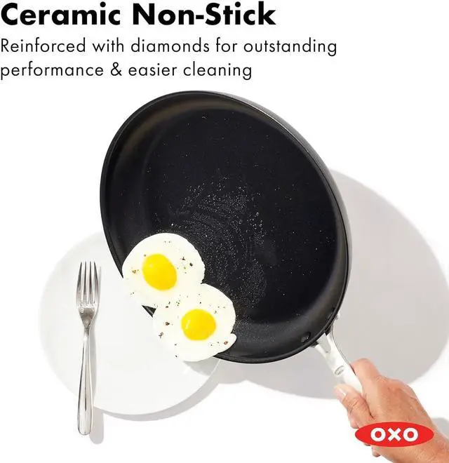 Alt view image 2 of 6 - OXO Frying Pan Enhanced 12 Skillet, Ceramic Nonstick, Durable Hard Anodized Cookware, Scratch Resistant, Stainless Steel Handle, Good Grips, Dishwasher & Oven safe, Black