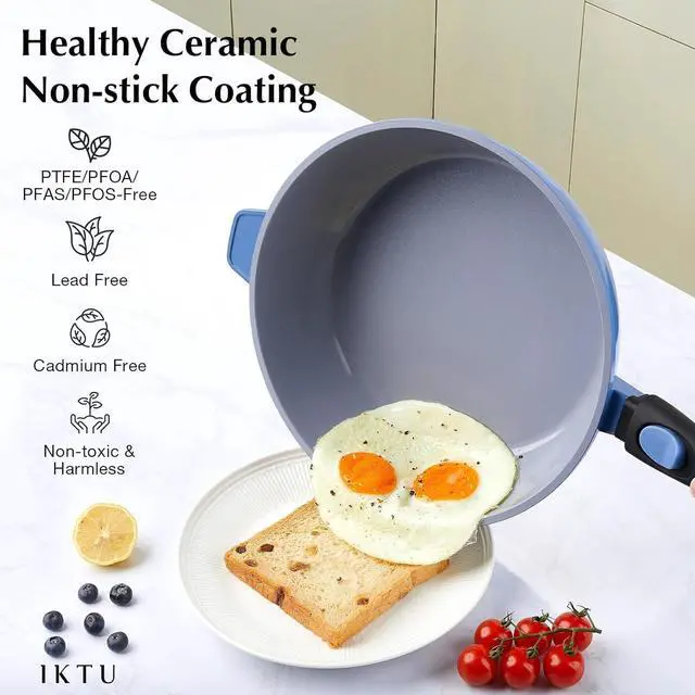 Alt view image 3 of 6 - IKTU Ceramic Nonstick Deep Frying Pan, 11Inch Nonstick 4Qt Saute Pan with Helper Handle and Lid, Large Skillet Pan Induction Cookware with Detachable Handle, PFAS PFOA & PTFE Free
