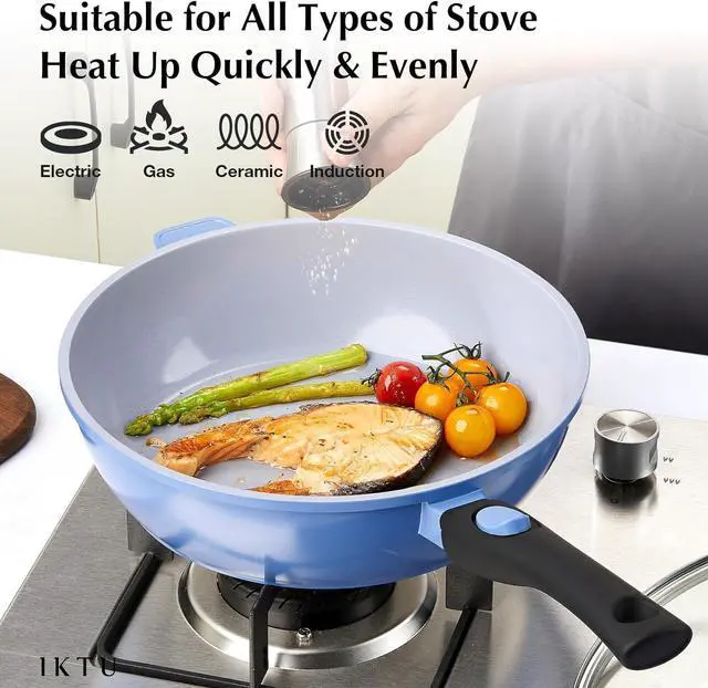 Alt view image 4 of 6 - IKTU Ceramic Nonstick Deep Frying Pan, 11Inch Nonstick 4Qt Saute Pan with Helper Handle and Lid, Large Skillet Pan Induction Cookware with Detachable Handle, PFAS PFOA & PTFE Free
