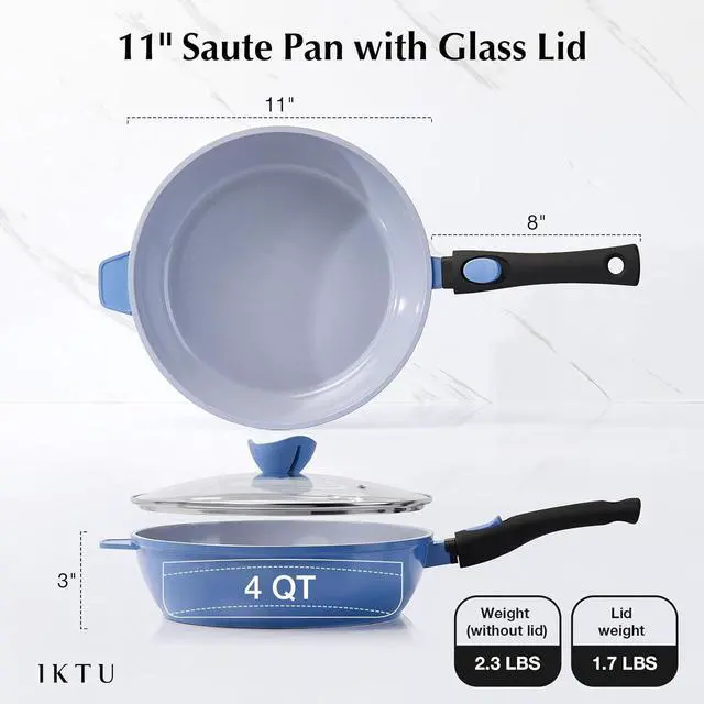 Alt view image 2 of 6 - IKTU Ceramic Nonstick Deep Frying Pan, 11Inch Nonstick 4Qt Saute Pan with Helper Handle and Lid, Large Skillet Pan Induction Cookware with Detachable Handle, PFAS PFOA & PTFE Free