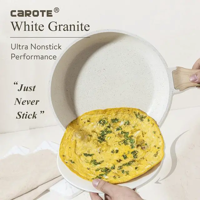 Alt view image 4 of 6 - CAROTE White Nonstick Frying Pan Skillet,10" Non Stick Granite Fry Pan with Glass Lid, Egg Pan Omelet Pans, Stone Cookware Chef's Pan, PFOA Free (White Granite, 10-Inch)